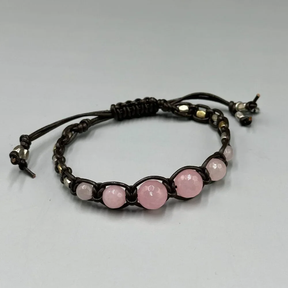 Lucky Brand Pink Rose Quartz Beaded Brown Leather Bracelet Adjustable Cord - Picture 4 of 9